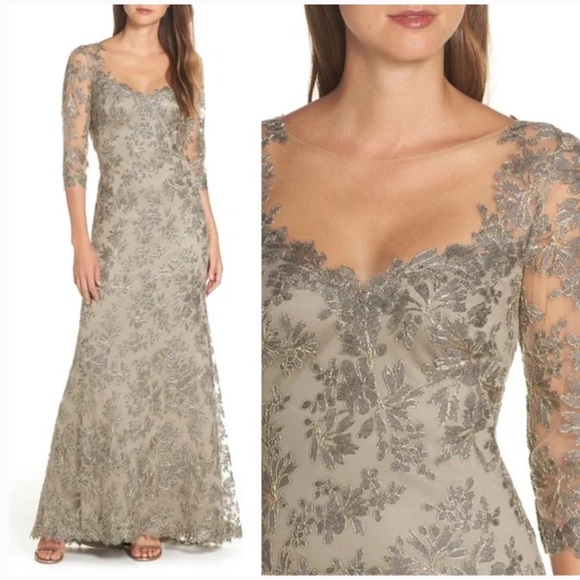 TADASHI SHOJI TOMETI tan gold green EMBROIDERED TULLE GOWN v-neck maxi dress - Picture 4 of 14